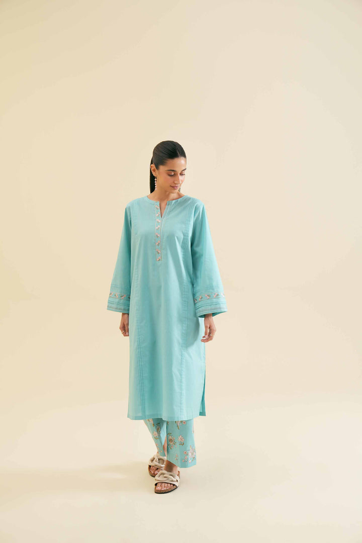 Stylish turquoise 2 piece embroidered solid suit 