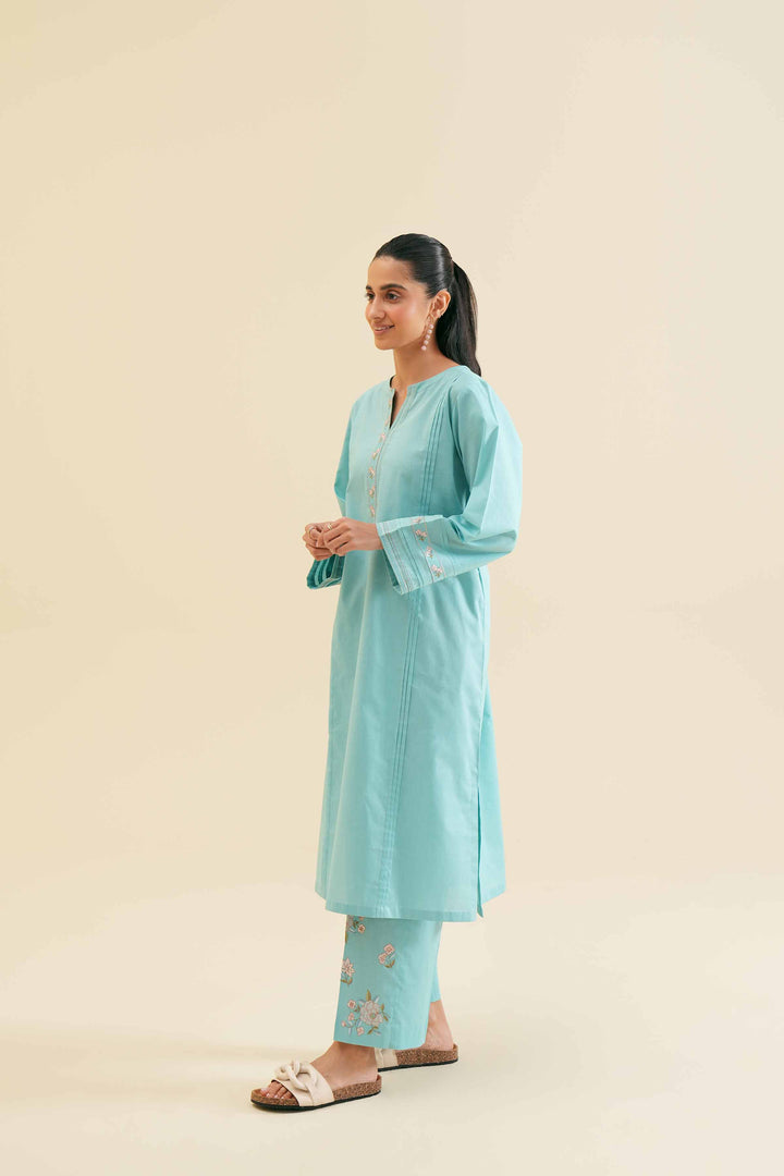 Stylish turquoise 2 piece embroidered solid suit 