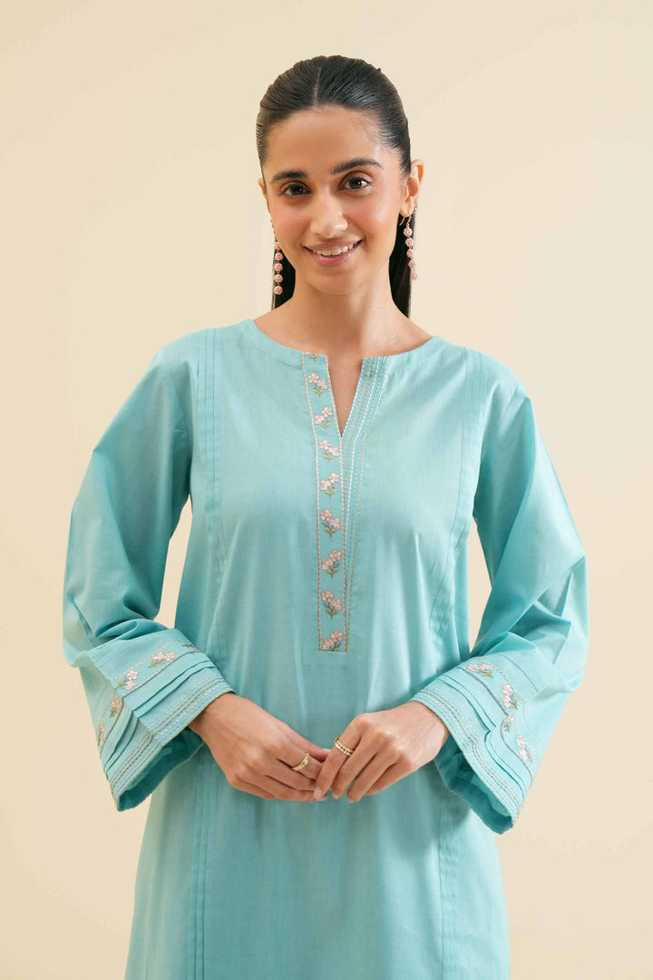 Stylish turquoise 2 piece embroidered solid suit 