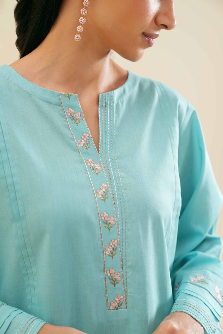 Stylish turquoise 2 piece embroidered solid suit 