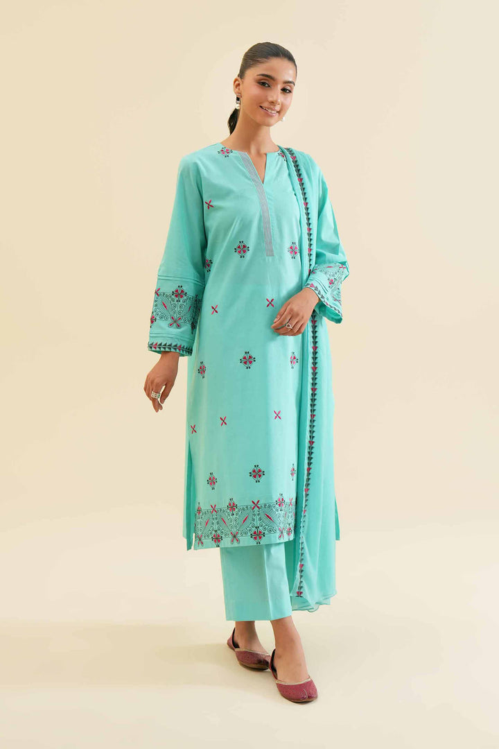 Stylish 3 piece embroidered turquoise cambric shirt with dupatta and trouser