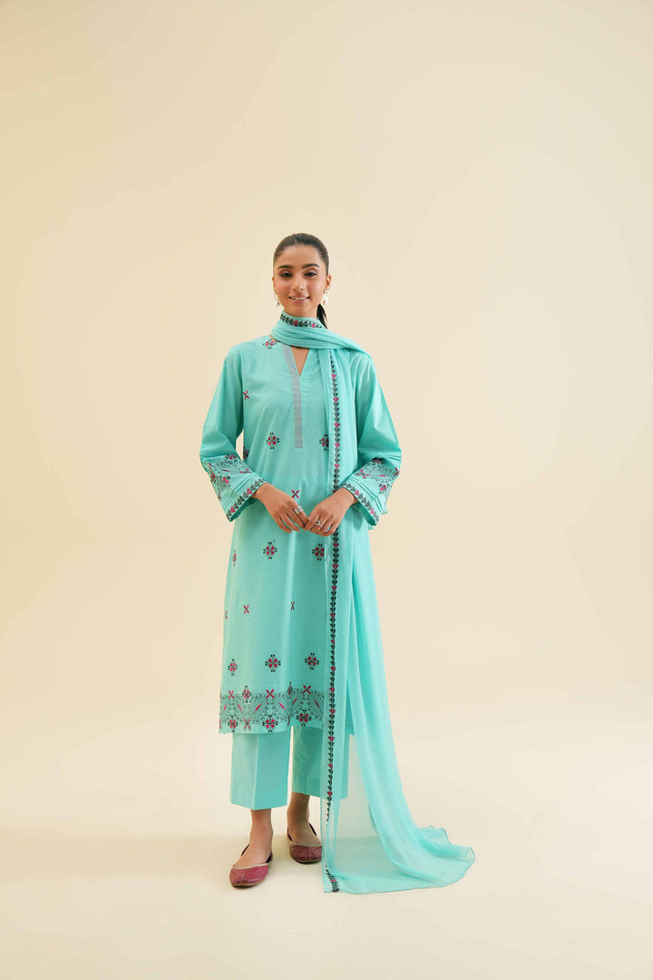 Stylish 3 piece embroidered turquoise cambric shirt with dupatta and trouser