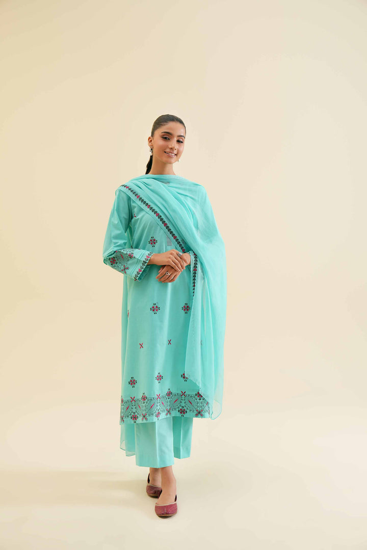 Stylish 3 piece embroidered turquoise cambric shirt with dupatta and trouser