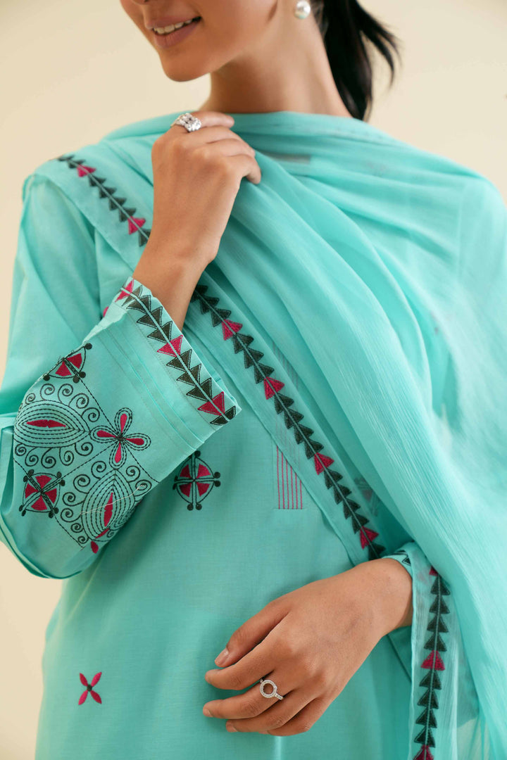 Stylish 3 piece embroidered turquoise cambric shirt with dupatta and trouser