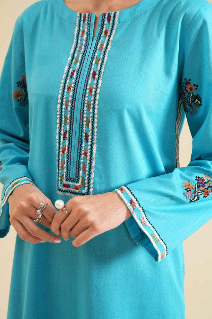 1 piece blue cambric embroidered shirt