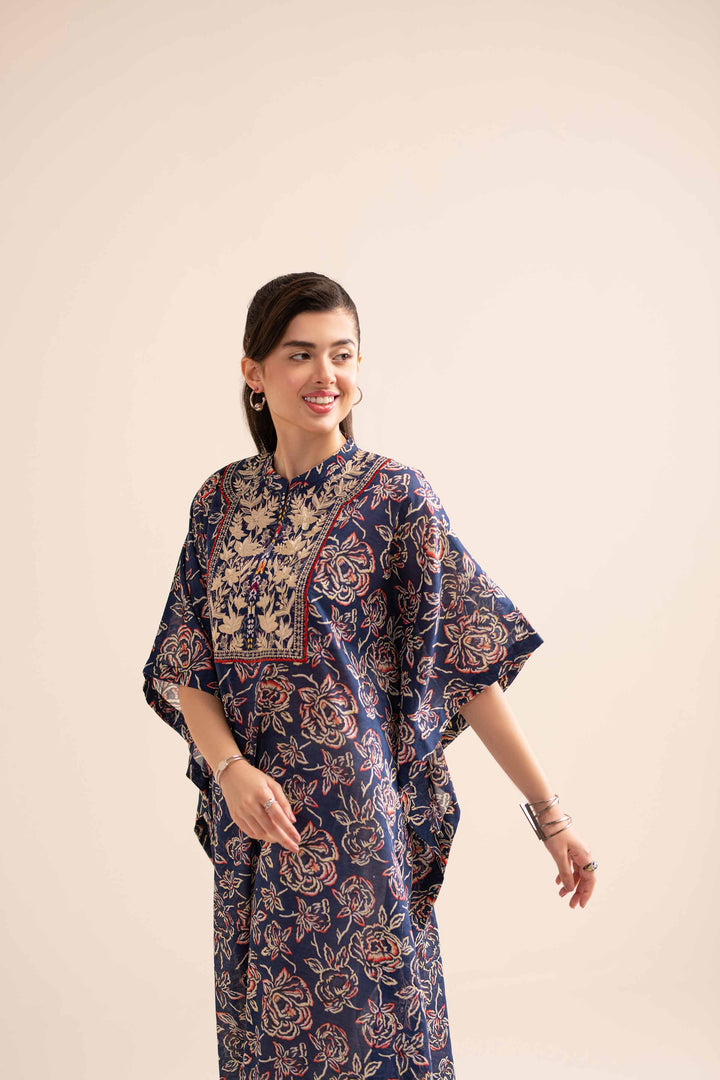 1 piece navy lawn printed embroidered Kaftaan