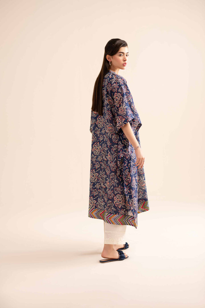 1 piece navy lawn printed embroidered Kaftaan