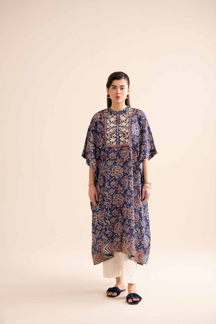 1 piece navy lawn printed embroidered Kaftaan