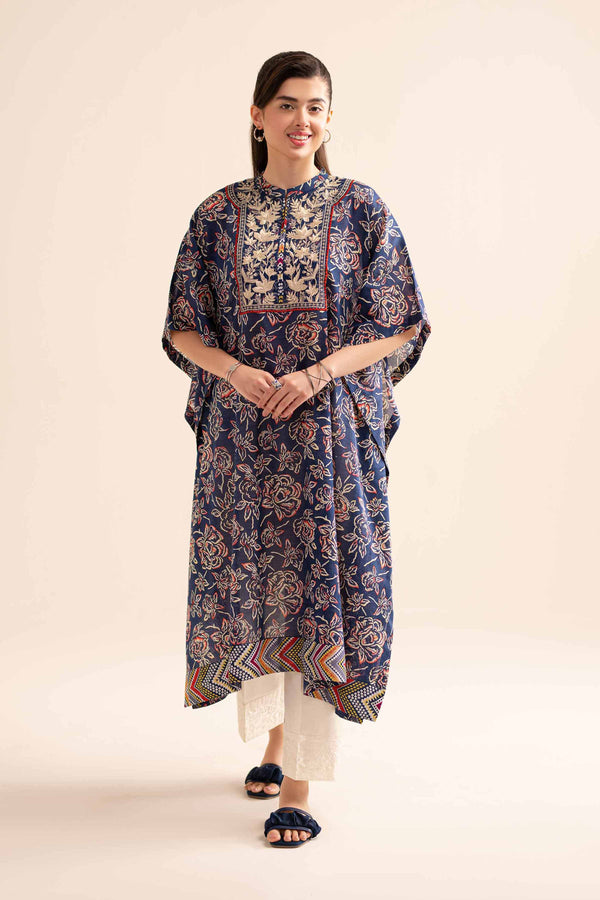 1 piece navy lawn printed embroidered Kaftaan