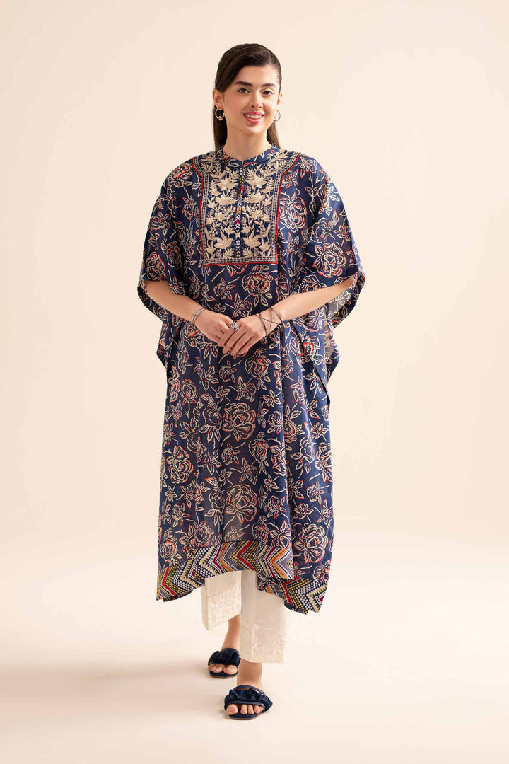 1 piece navy lawn printed embroidered Kaftaan