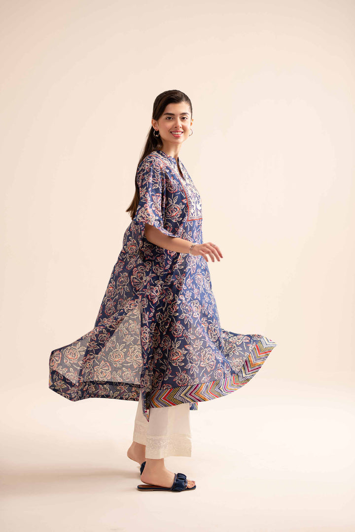 1 piece navy lawn printed embroidered Kaftaan