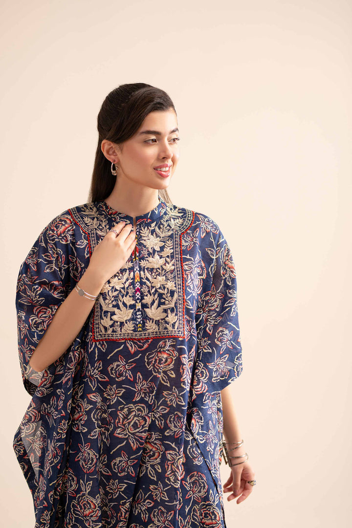 1 piece navy lawn printed embroidered Kaftaan