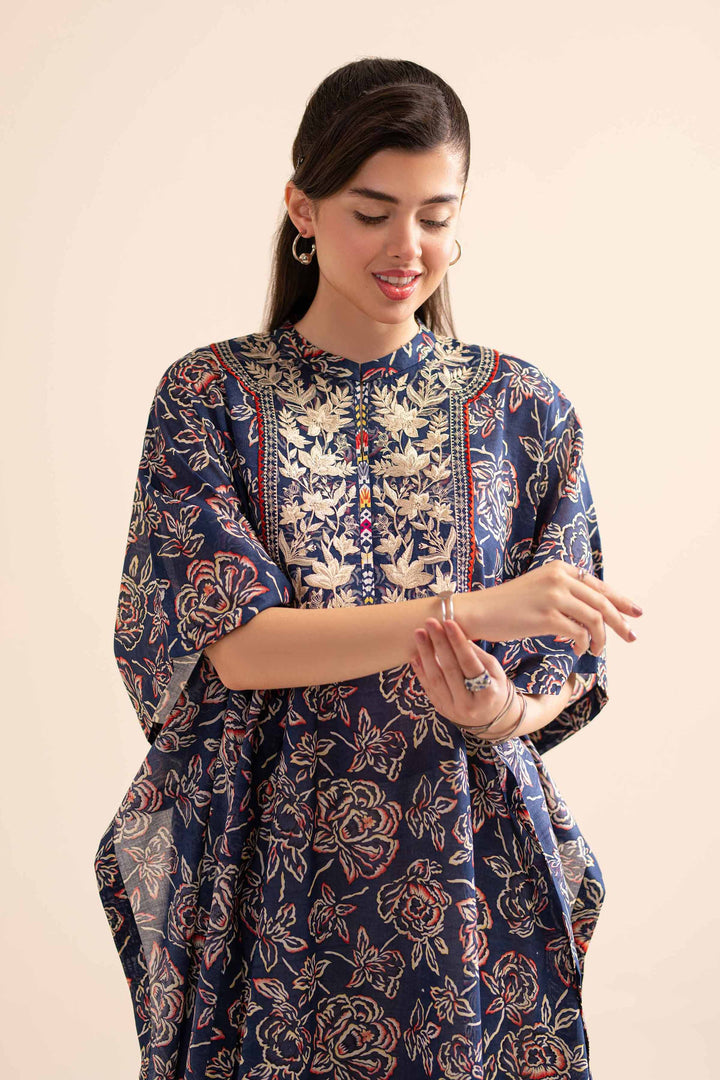 1 piece navy lawn printed embroidered Kaftaan