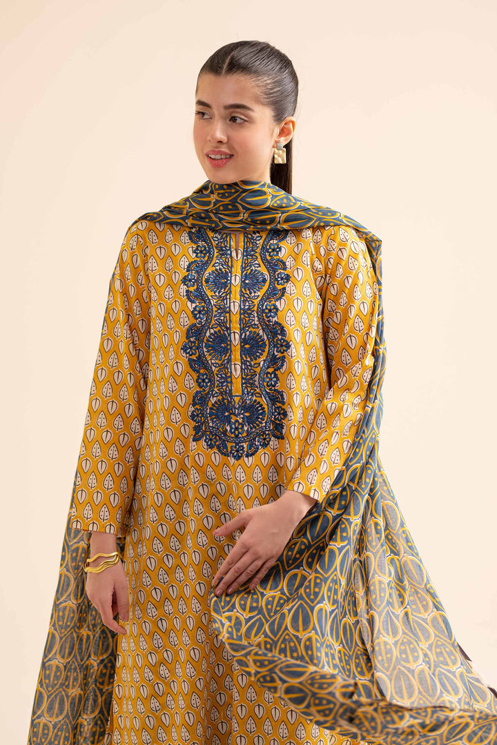 3 piece printed and embroidered yellow cambric shirt with blue chiffon dupatta and black trousers