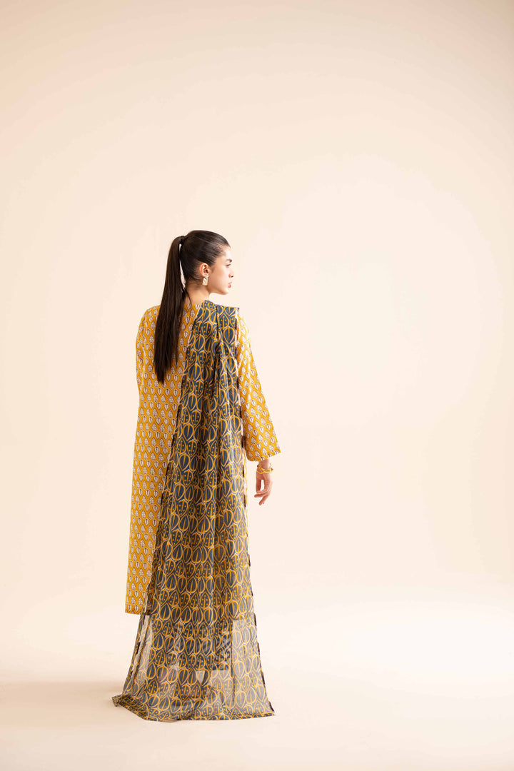 3 piece printed and embroidered yellow cambric shirt with blue chiffon dupatta and black trousers