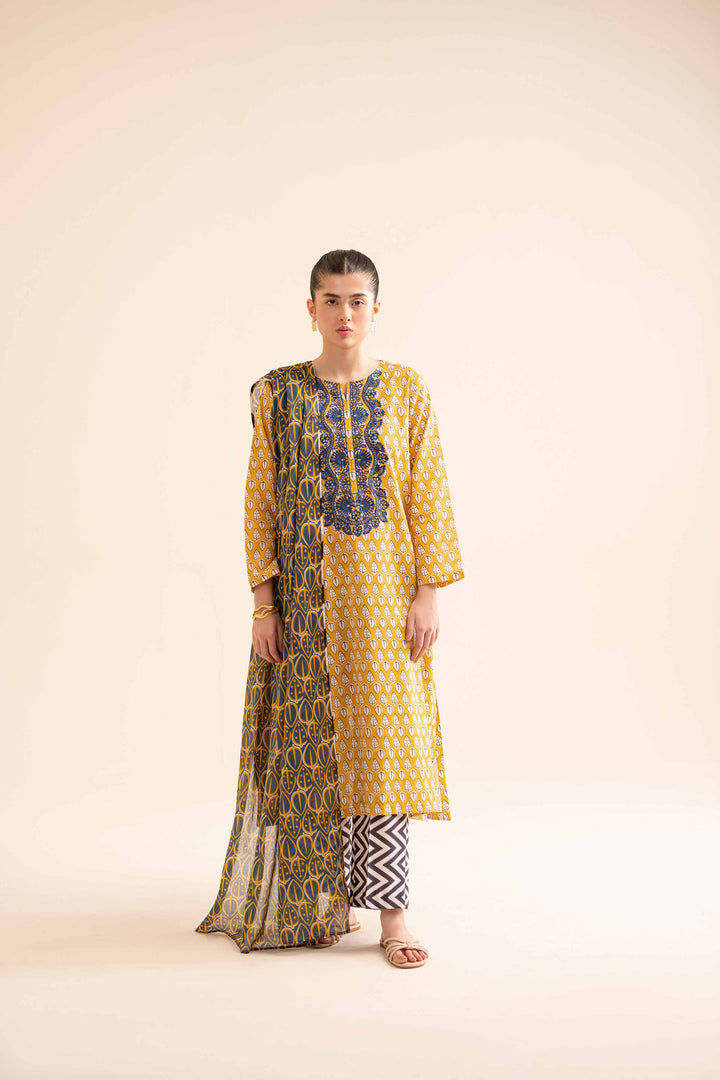 3 piece printed and embroidered yellow cambric shirt with blue chiffon dupatta and black trousers