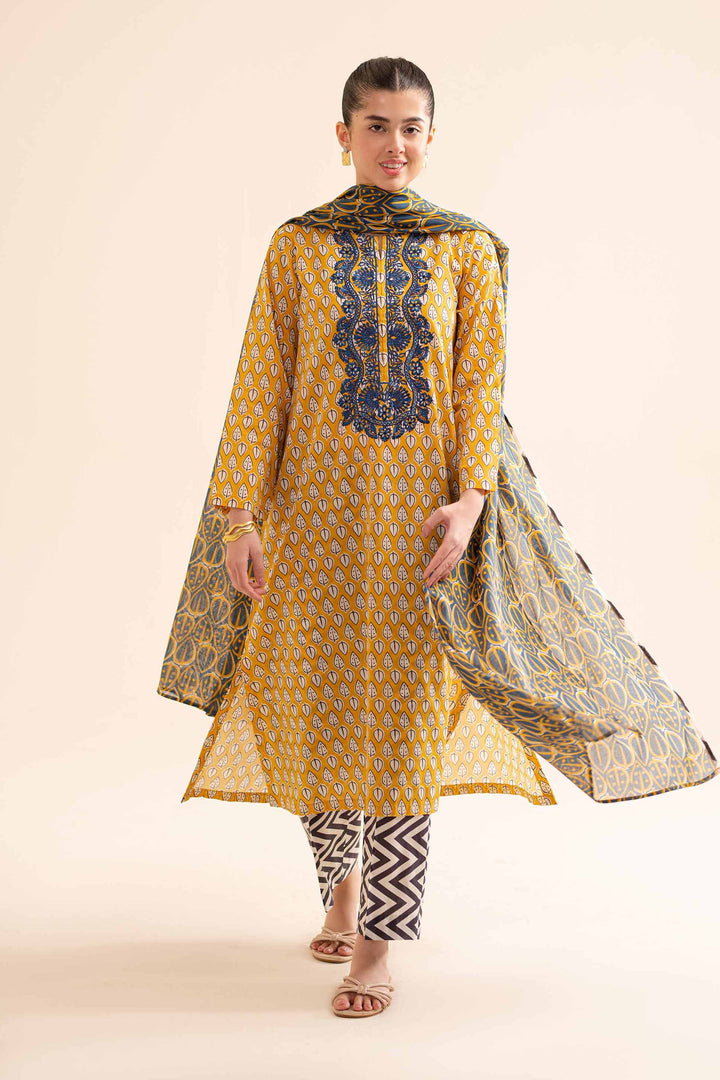 3 piece printed and embroidered yellow cambric shirt with blue chiffon dupatta and black trousers