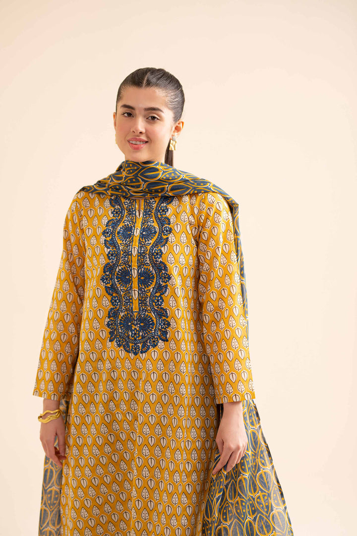 3 piece printed and embroidered yellow cambric shirt with blue chiffon dupatta and black trousers