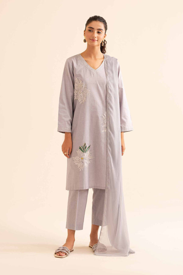 Stylish 2 piece grey embroidered shirt with dupatta and trouser 