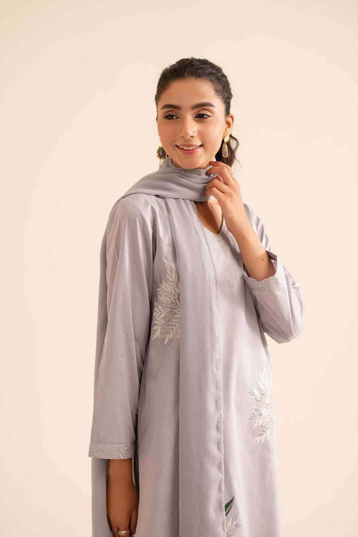 Stylish 2 piece grey embroidered shirt with dupatta and trouser 