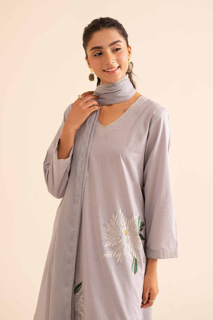 Stylish 2 piece grey embroidered shirt with dupatta and trouser 