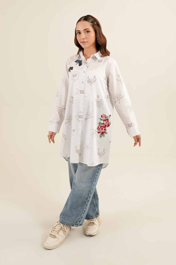 1 piece off white cambric printed embroidered tunic 