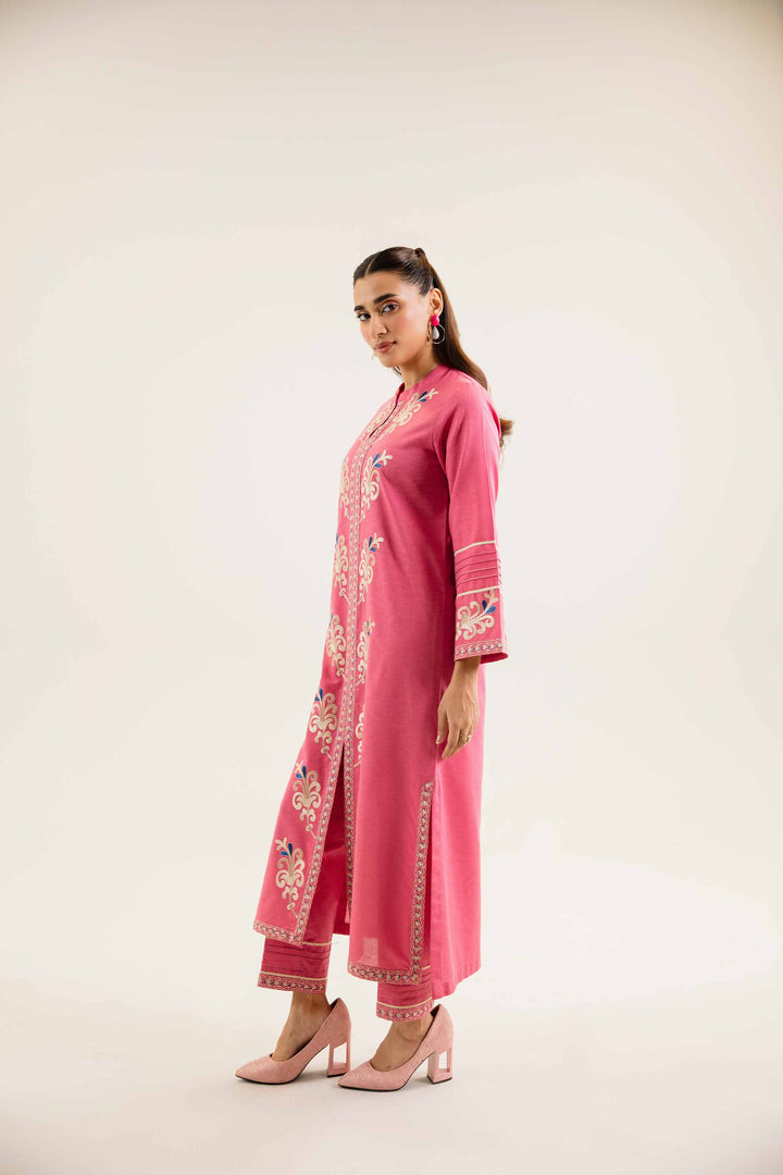 2 Piece Embroidered Pink Karandi Winter Suit