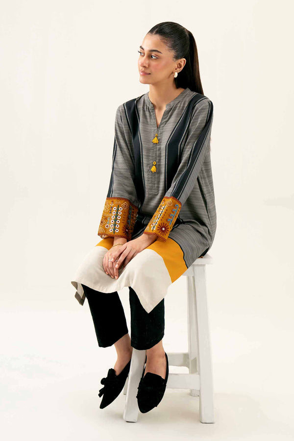 Linen Pinted Embroidered Grey Winter Shirt