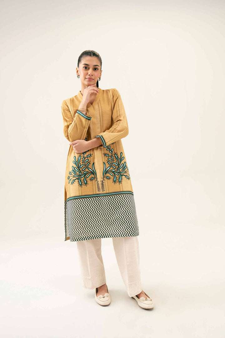 Printed Embroidered Khaddar Beige Winter Shirt