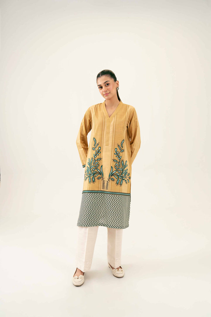 Printed Embroidered Khaddar Beige Winter Shirt