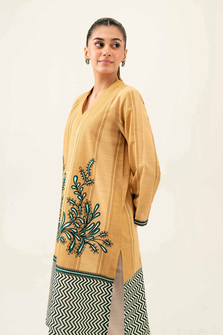 Printed Embroidered Khaddar Beige Winter Shirt