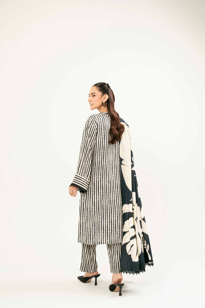 Printed Embroidered Black & White Linen Suit