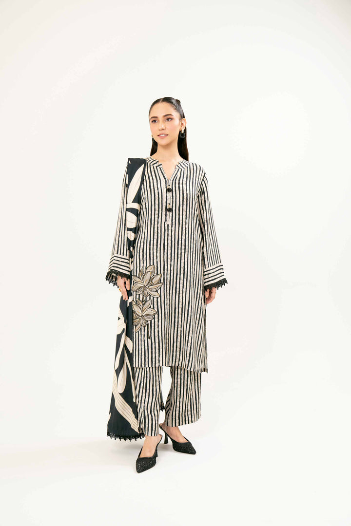 Printed Embroidered Black & White Linen Suit