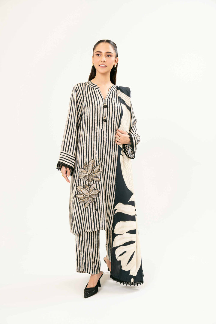 Printed Embroidered Black & White Linen Suit