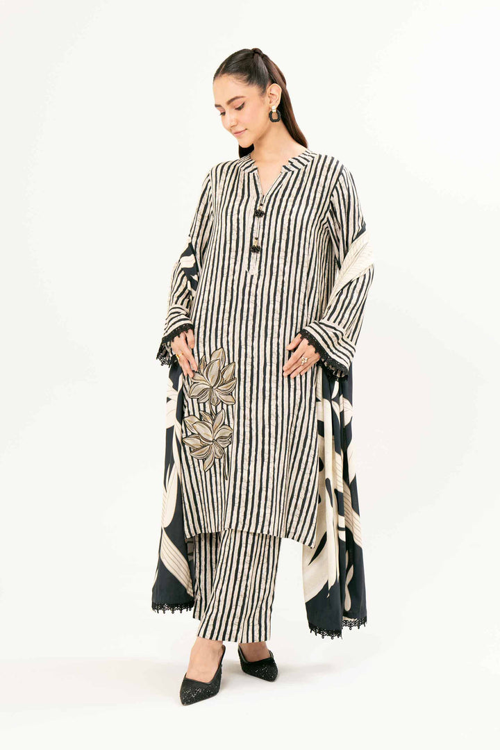 Printed Embroidered Black & White Linen Suit