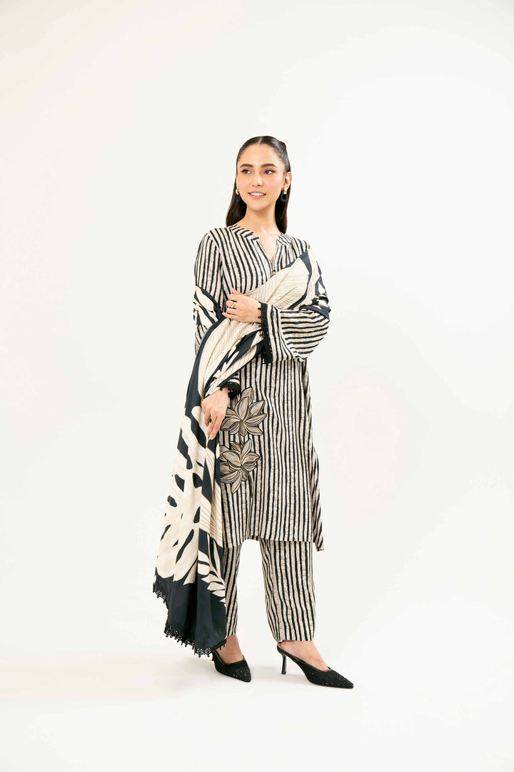 Printed Embroidered Black & White Linen Suit