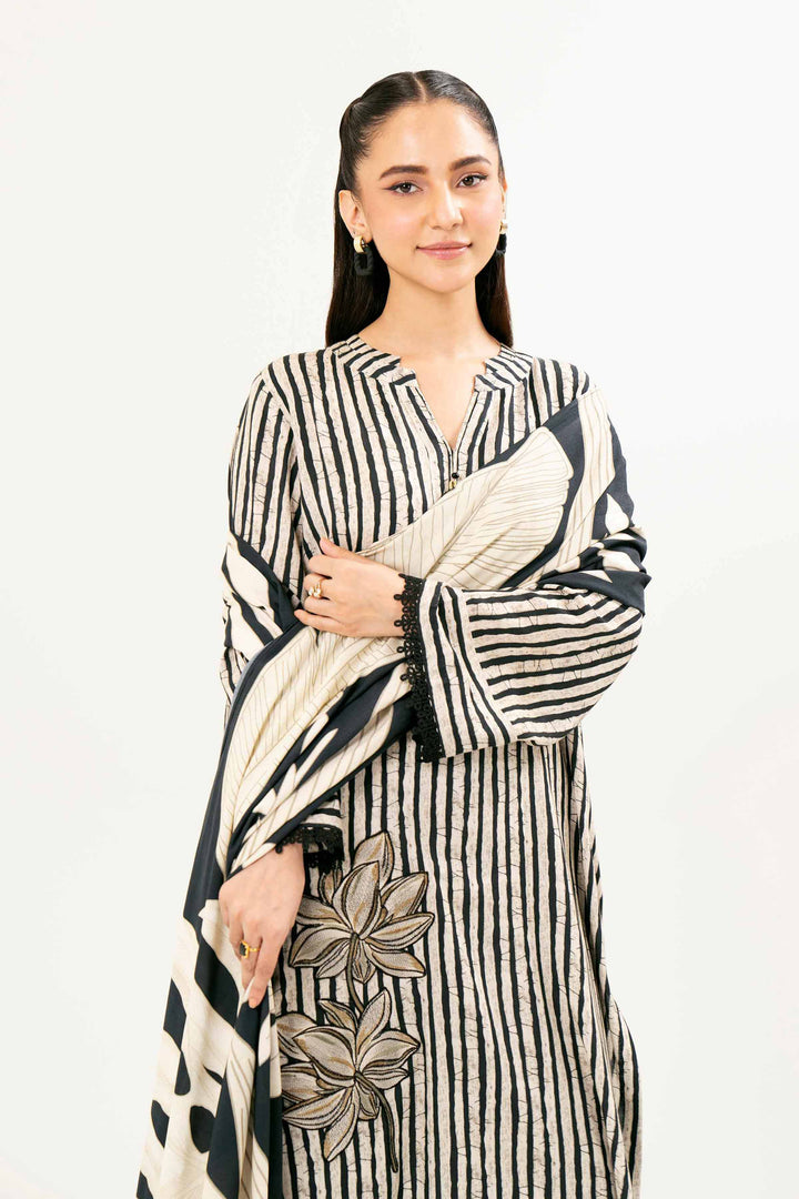 Printed Embroidered Black & White Linen Suit