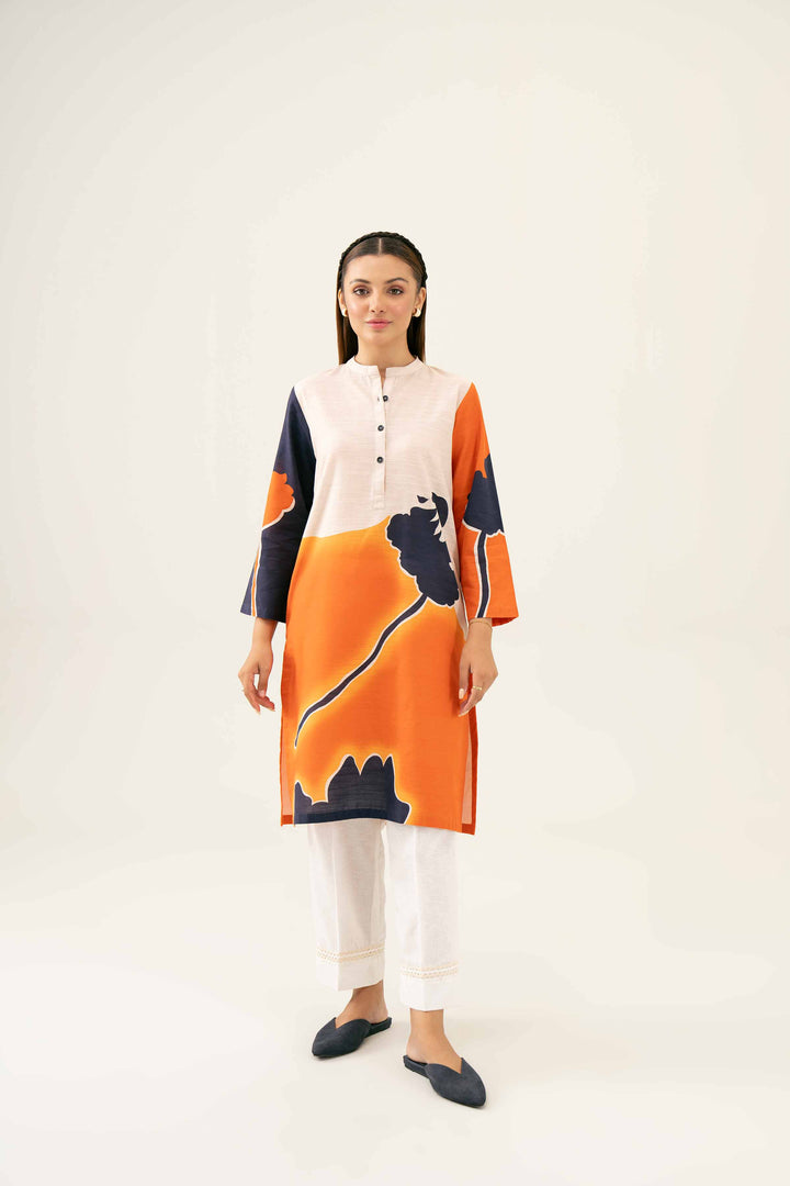 Khaddar Orange Pinted Winter Shirt