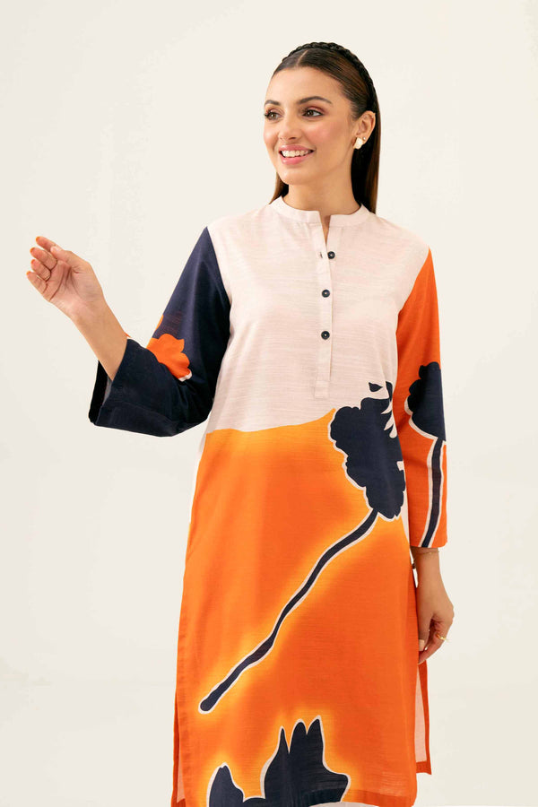 Khaddar Orange Pinted Winter Shirt