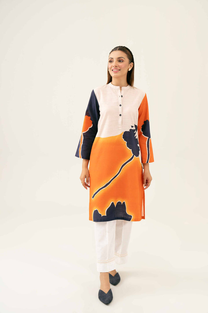 Khaddar Orange Pinted Winter Shirt