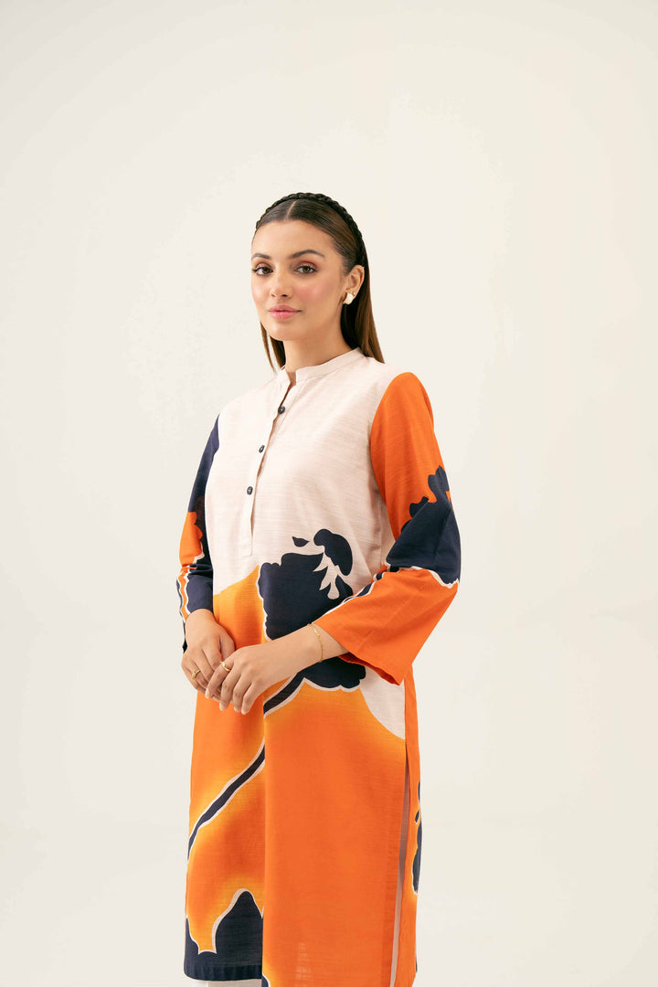 Khaddar Orange Pinted Winter Shirt