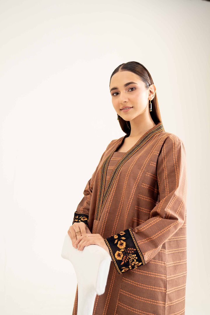 Brown Yarn Dyed Embroidered Winter Shirt