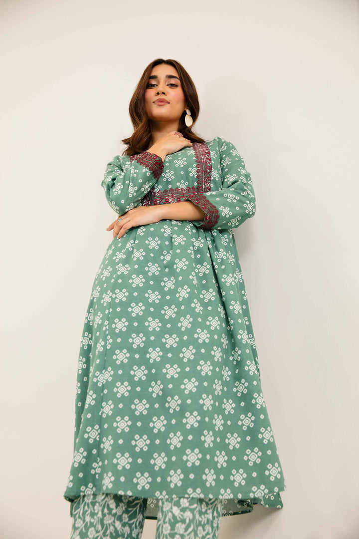 2 Piece Printed Embroidered Green Karandi Winter Suit