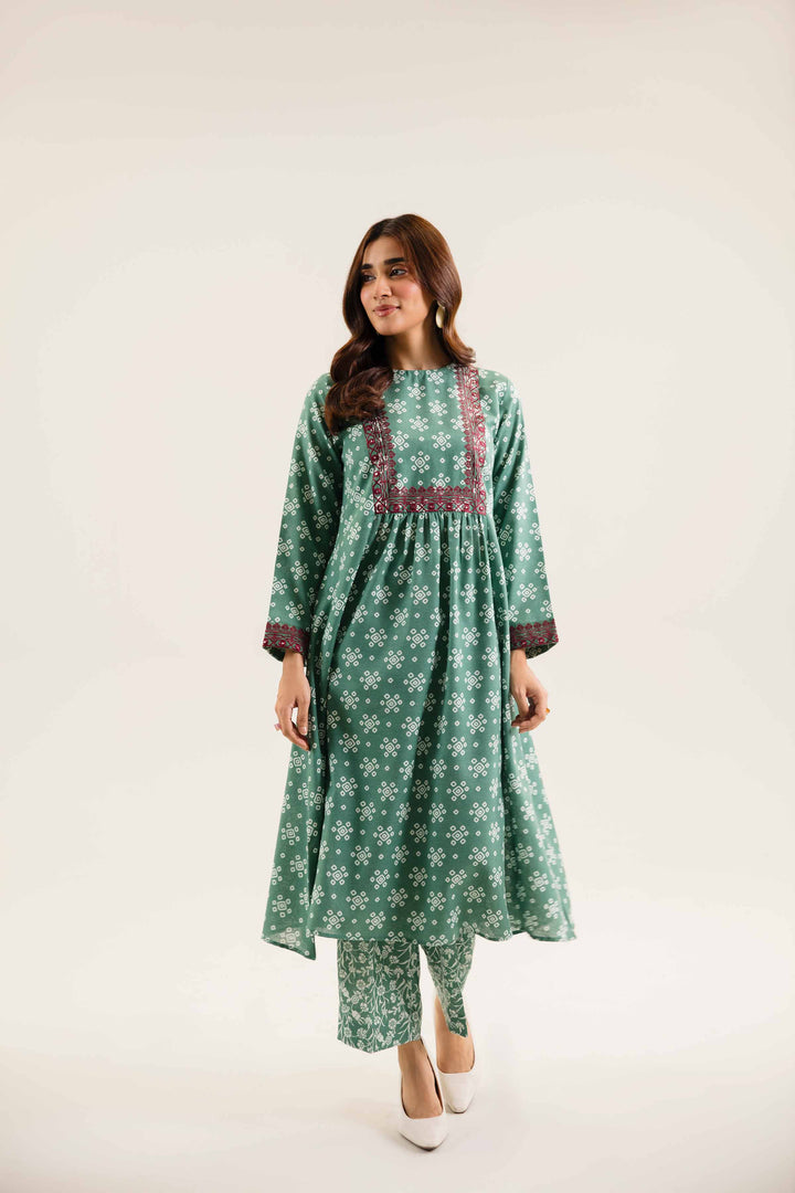 2 Piece Printed Embroidered Green Karandi Winter Suit