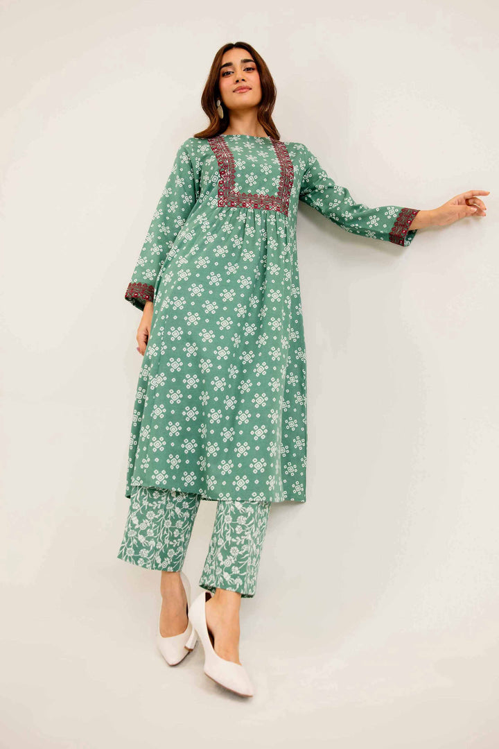 2 Piece Printed Embroidered Green Karandi Winter Suit