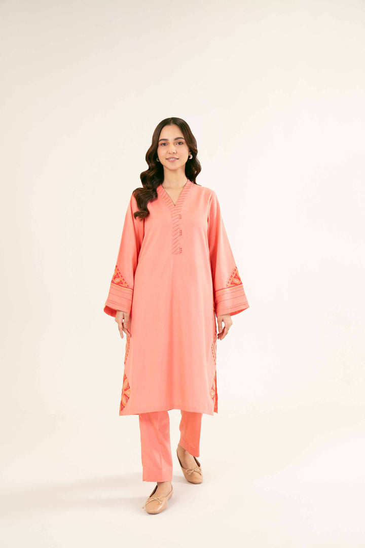 Embroidered Coral Karandi Suit