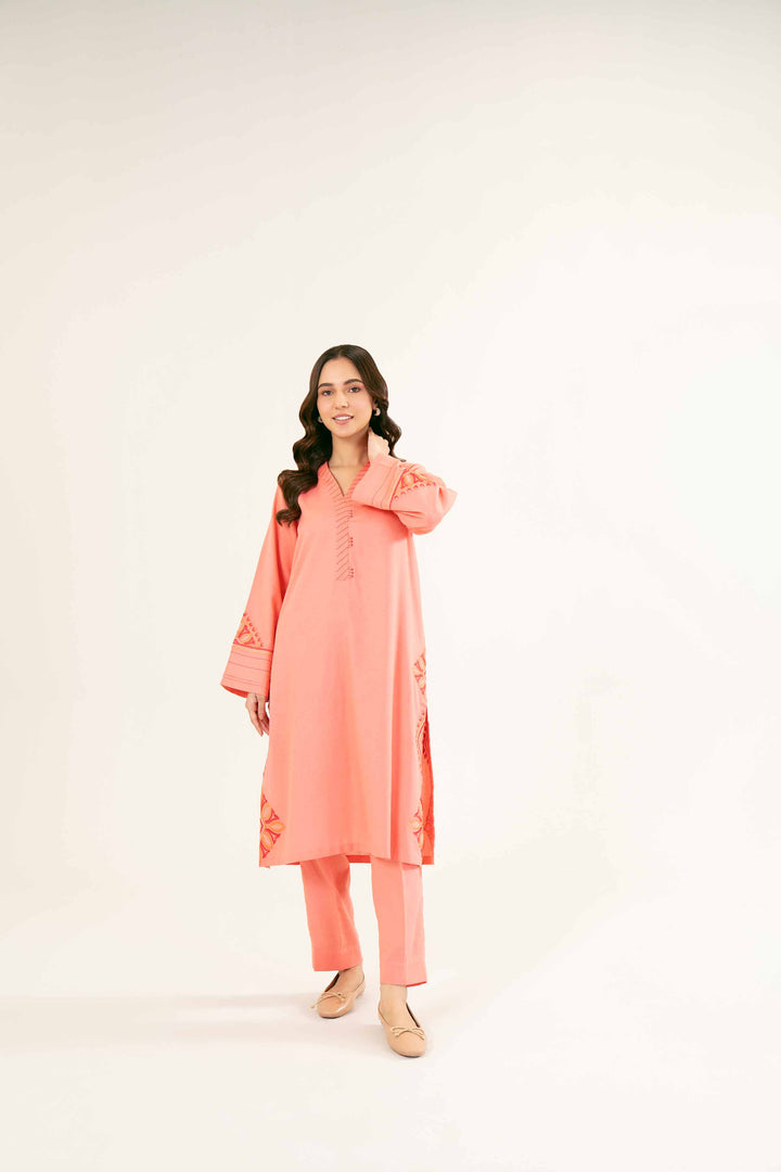 Embroidered Coral Karandi Suit