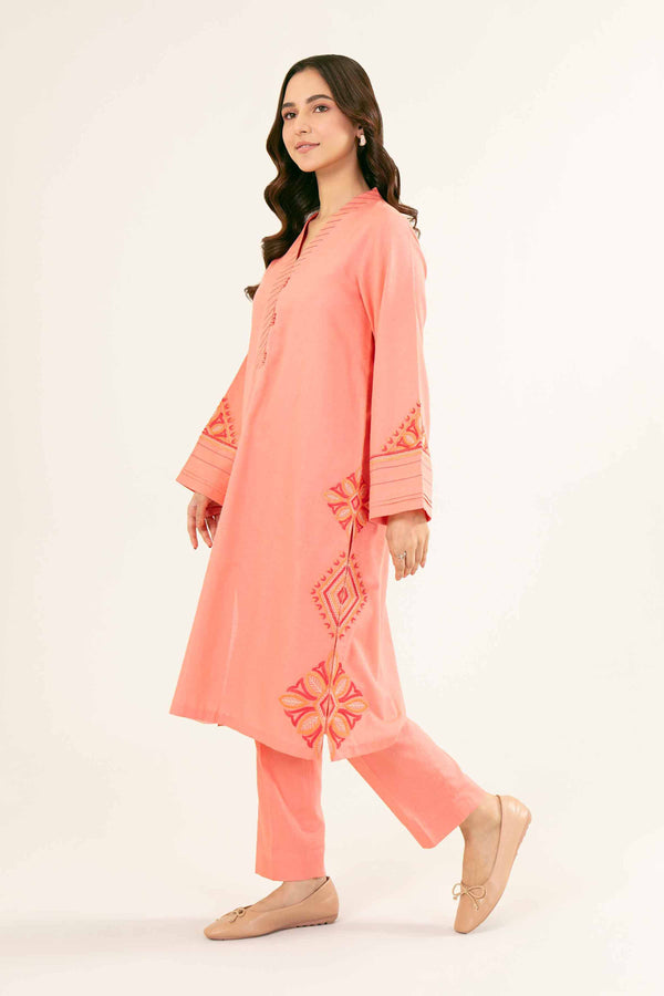 Embroidered Coral Karandi Suit