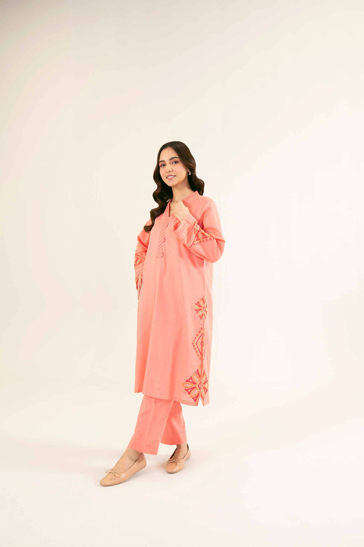 Embroidered Coral Karandi Suit