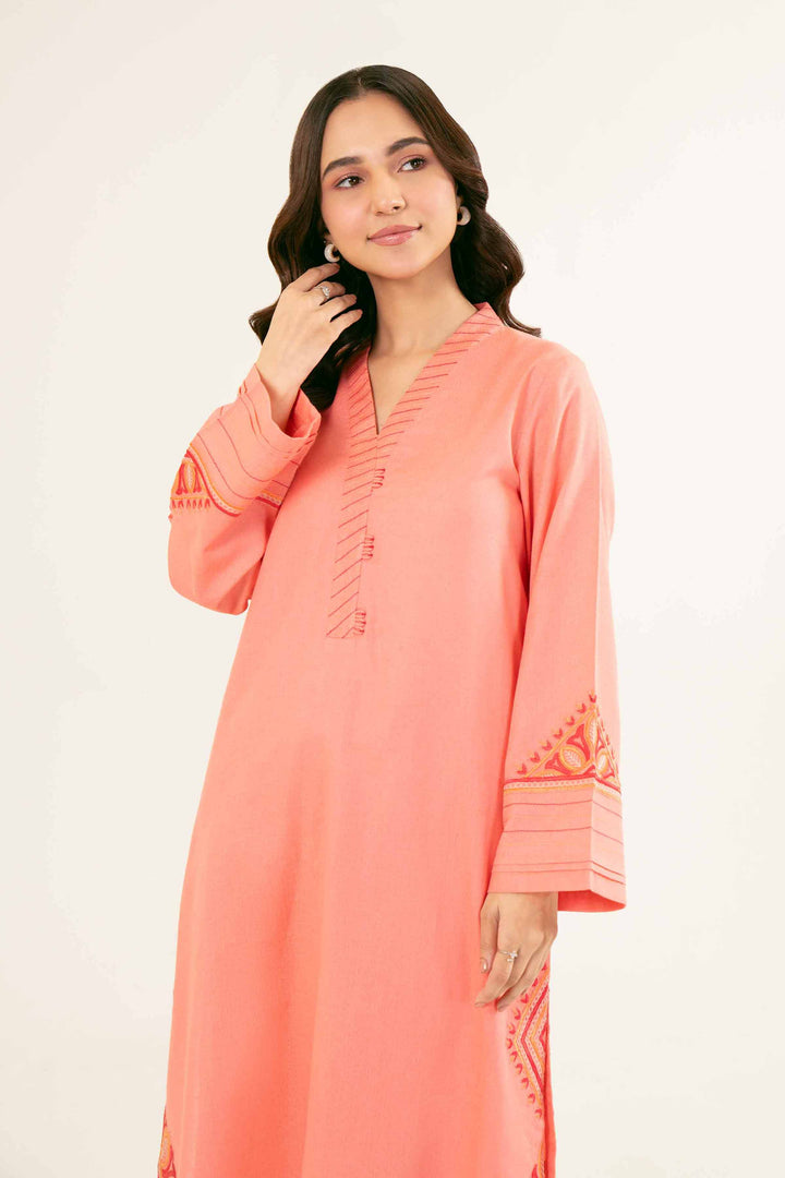 Embroidered Coral Karandi Suit